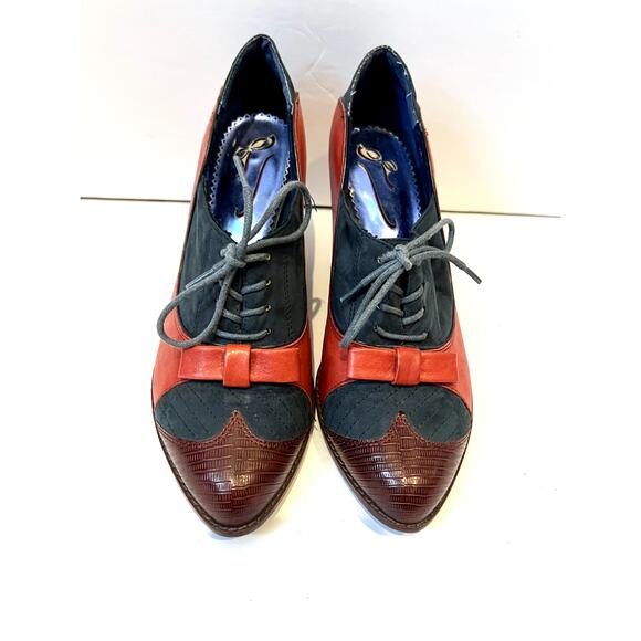 Poetic License red blue leather and suede 1940 style pump laces and bows EU 39.5 - Picture 1 of 10